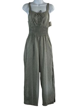 Jessica Simpson Sage Green Polka Dot Wide-Leg Jumpsuit Boho Chic Smocked waist M